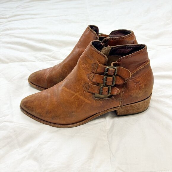 Frye Ray Belted Bootie Brown Leather Ankle Boots Women’s 8.5M Triple Buckle EUC - Picture 4 of 11